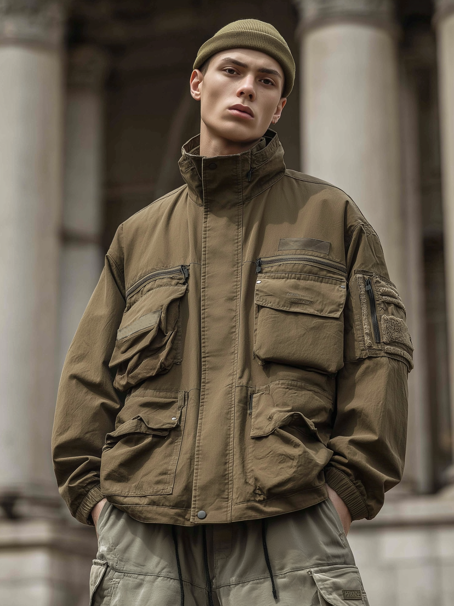 Street Style Washed Cotton 3D Pockets Zip-Up Work Jacket