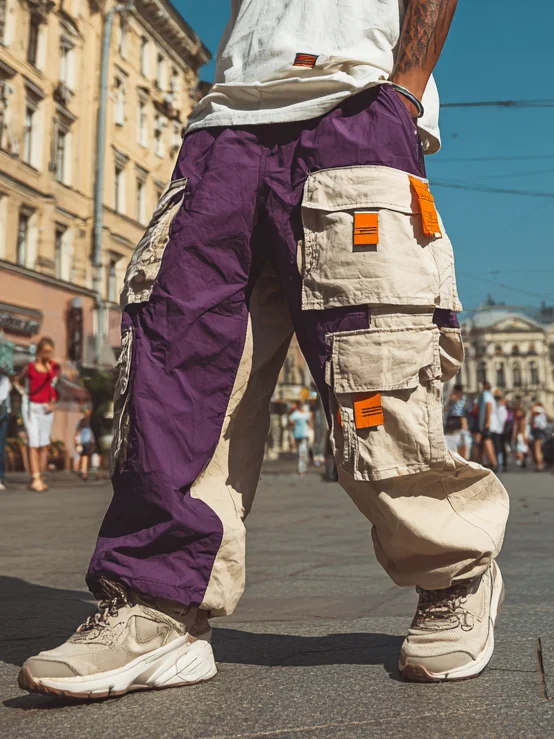 Color-block Casual Cargo Pants Workout Joggers Hiking Drawstring Tactical Pants with Multi Pockets