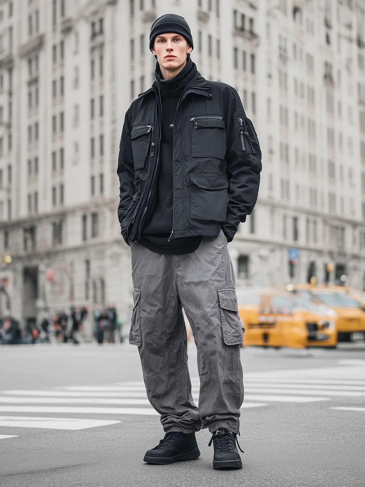 Water Resistant  Street Stand Collar Zipper Multi-Pocket Work Jacket