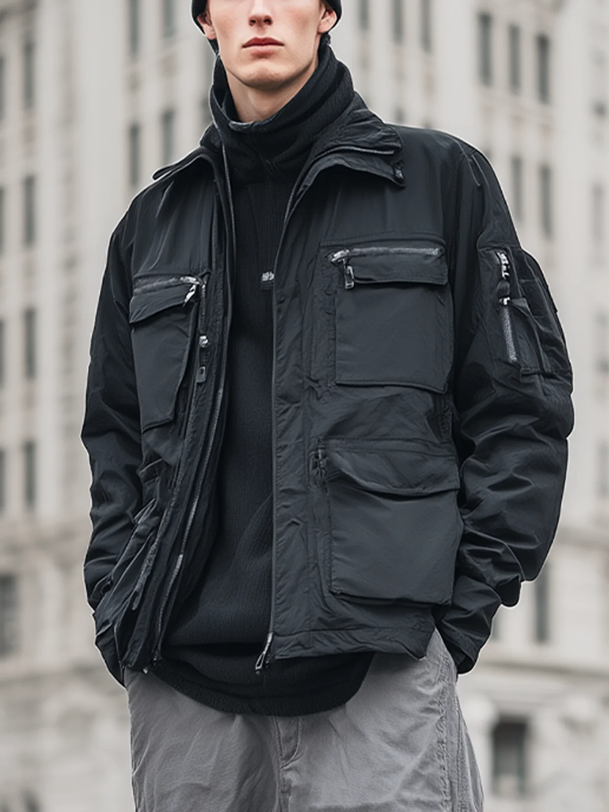 Water Resistant  Street Stand Collar Zipper Multi-Pocket Work Jacket