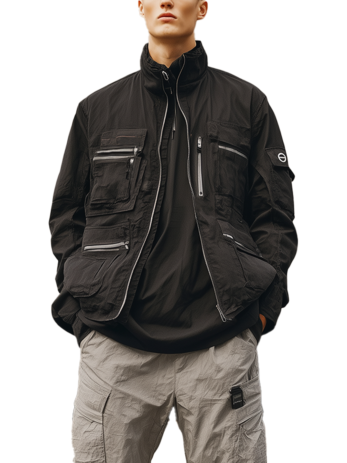 Retro Trend Fashion Texture Ripstop Stand Collar Work Jacket