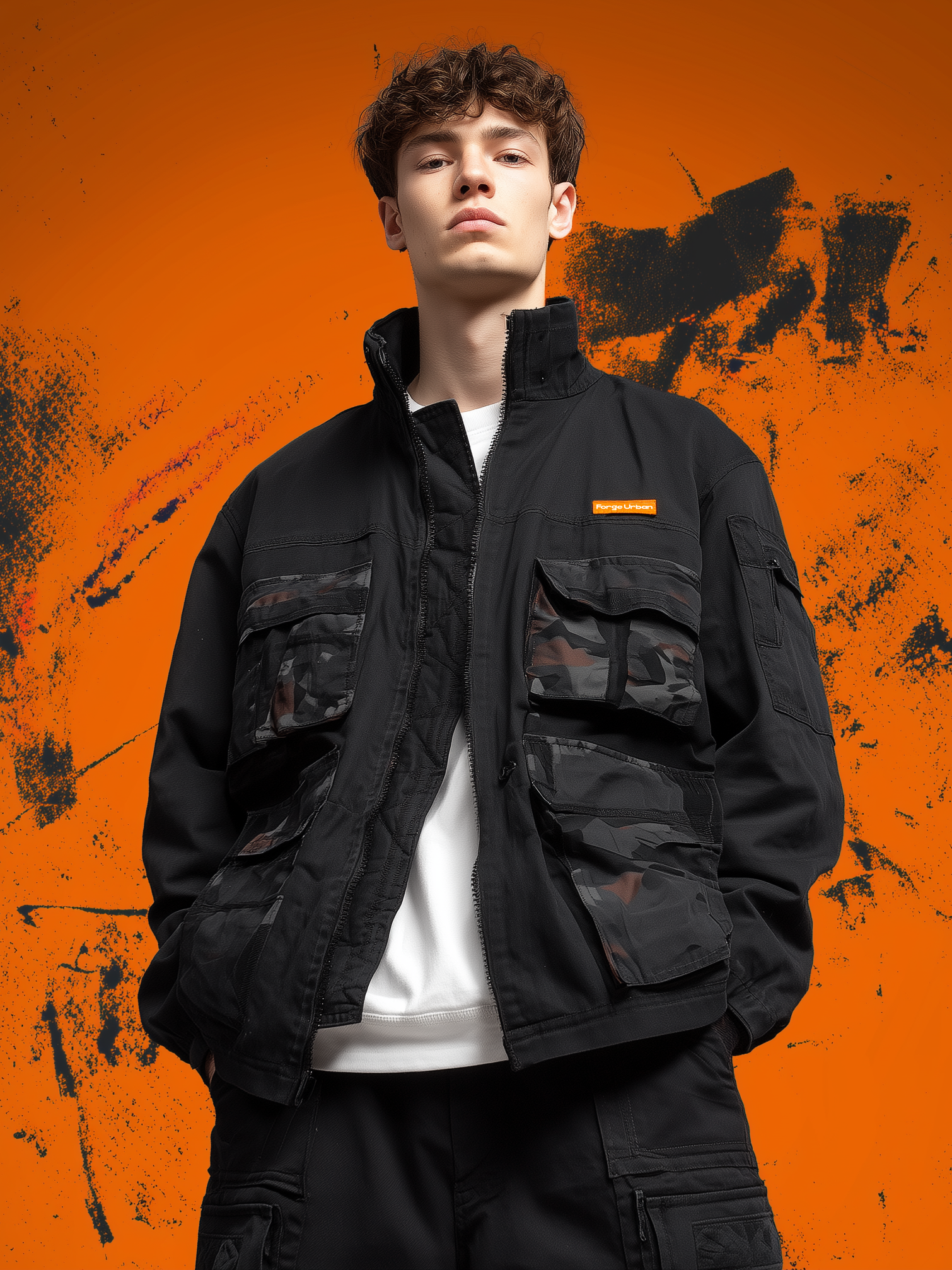 Street Style Camouflage Flap Pockets Zip-Up Work Jacket