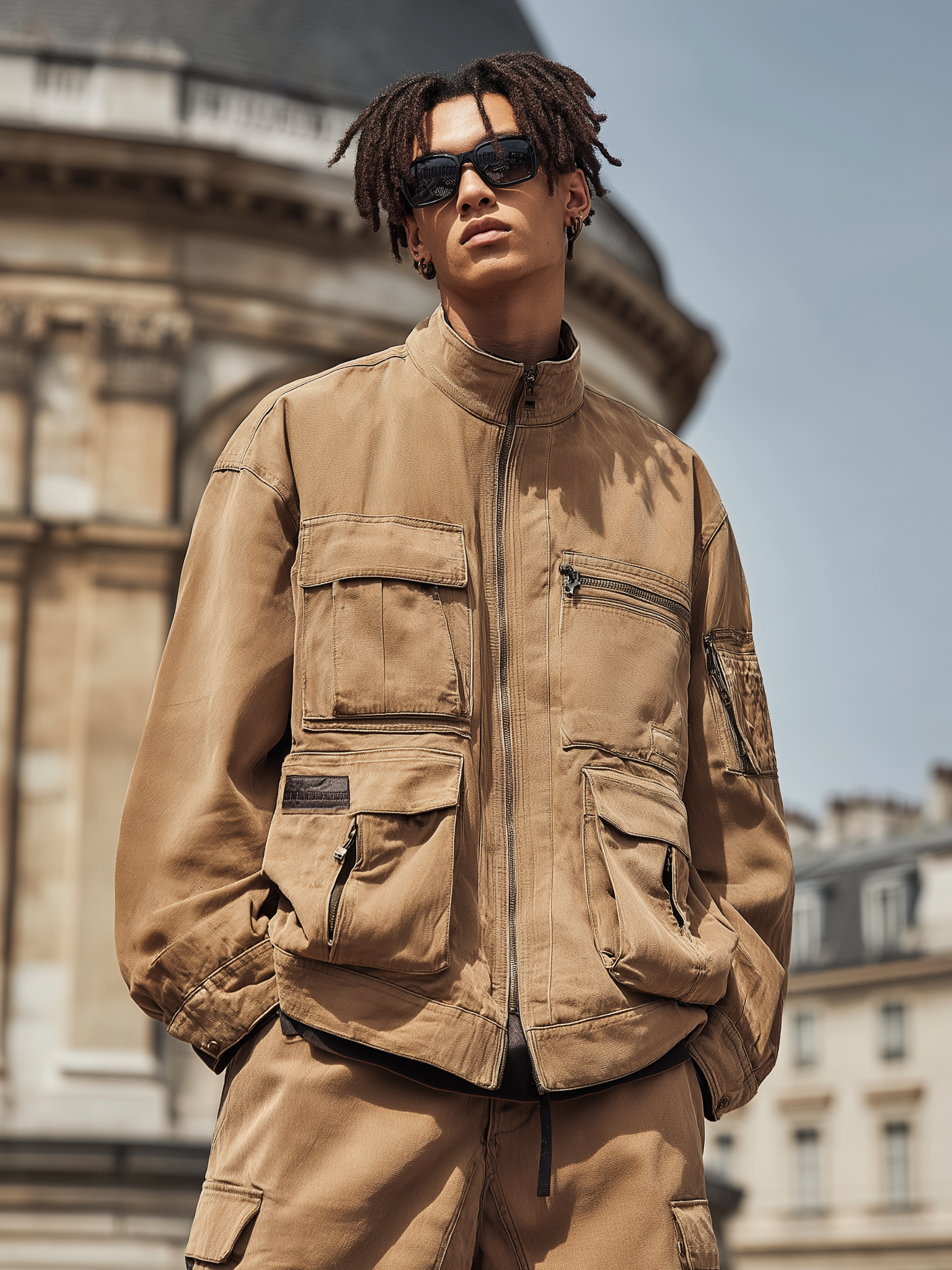 Retro Grunge Streetwear Washed Cargo Work Jacket with Flap Pockets
