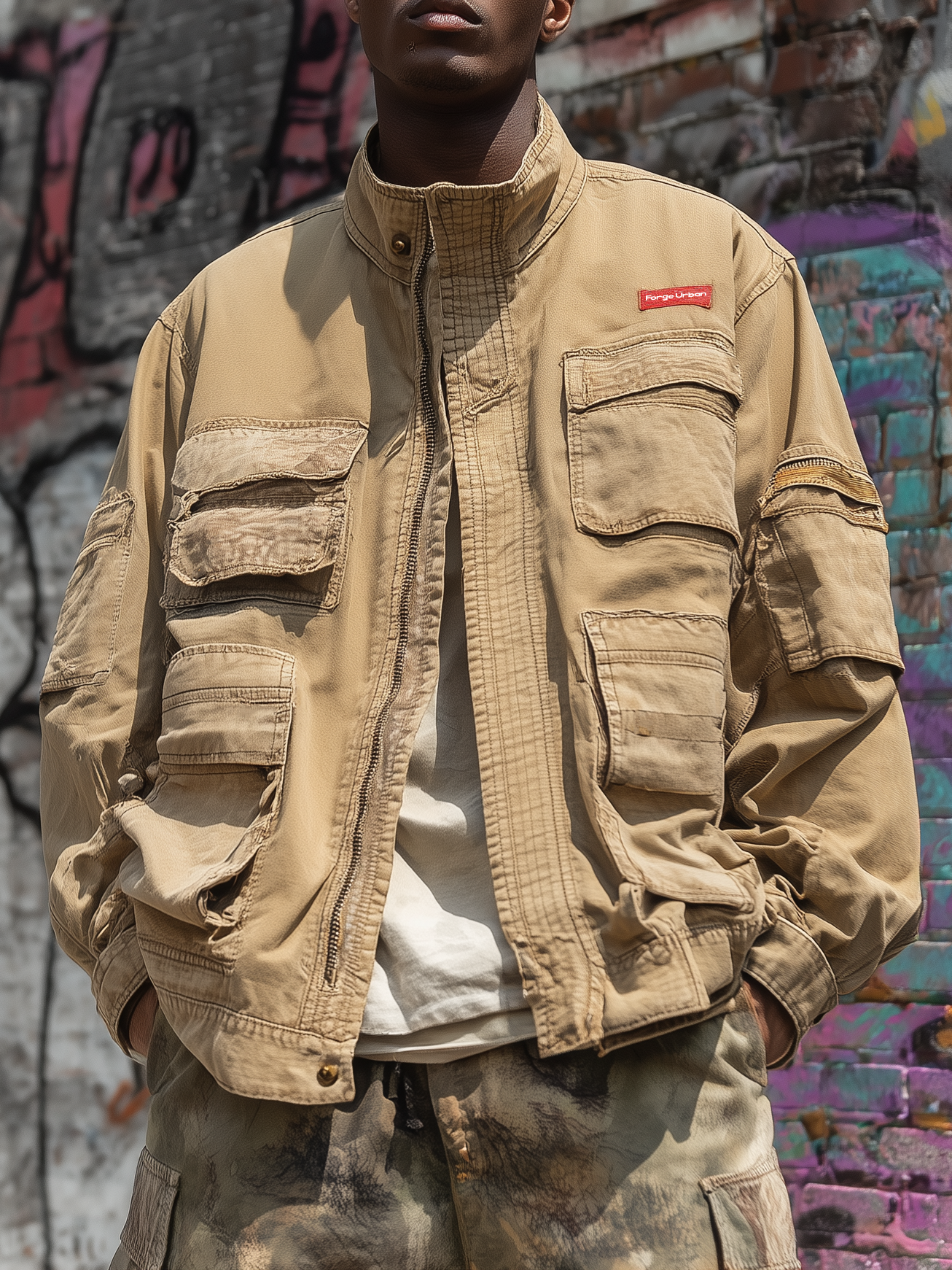Street Style Washed Cotton Zip-Up Work Jacket