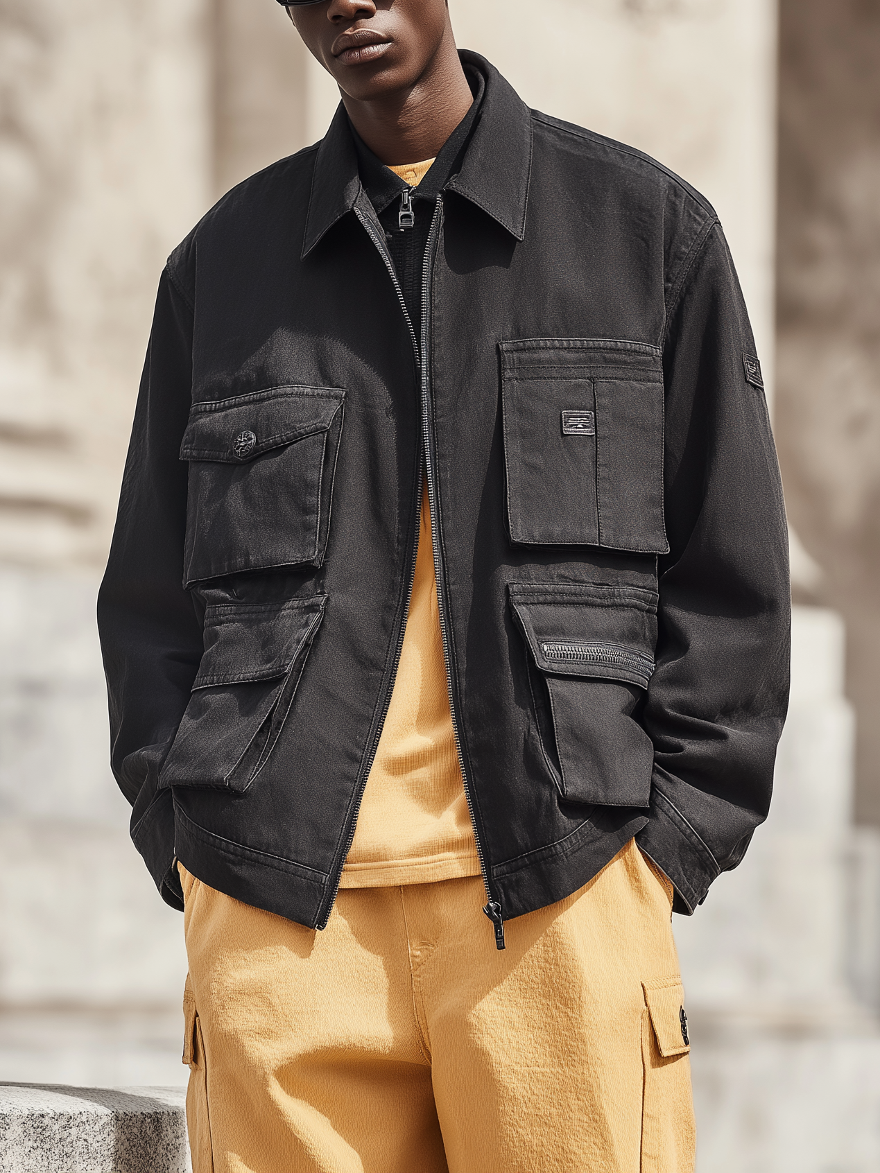 Street Style Washed Denim Pockets Zip-Up Work Jacket