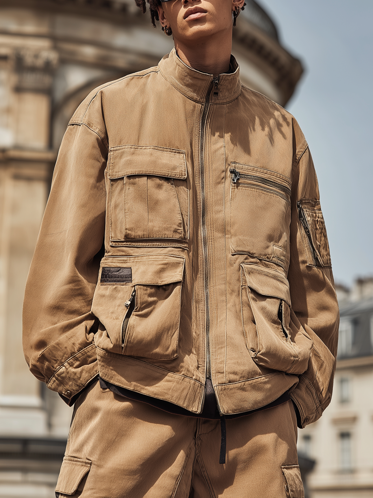 Retro Grunge Streetwear Washed Cargo Work Jacket with Flap Pockets