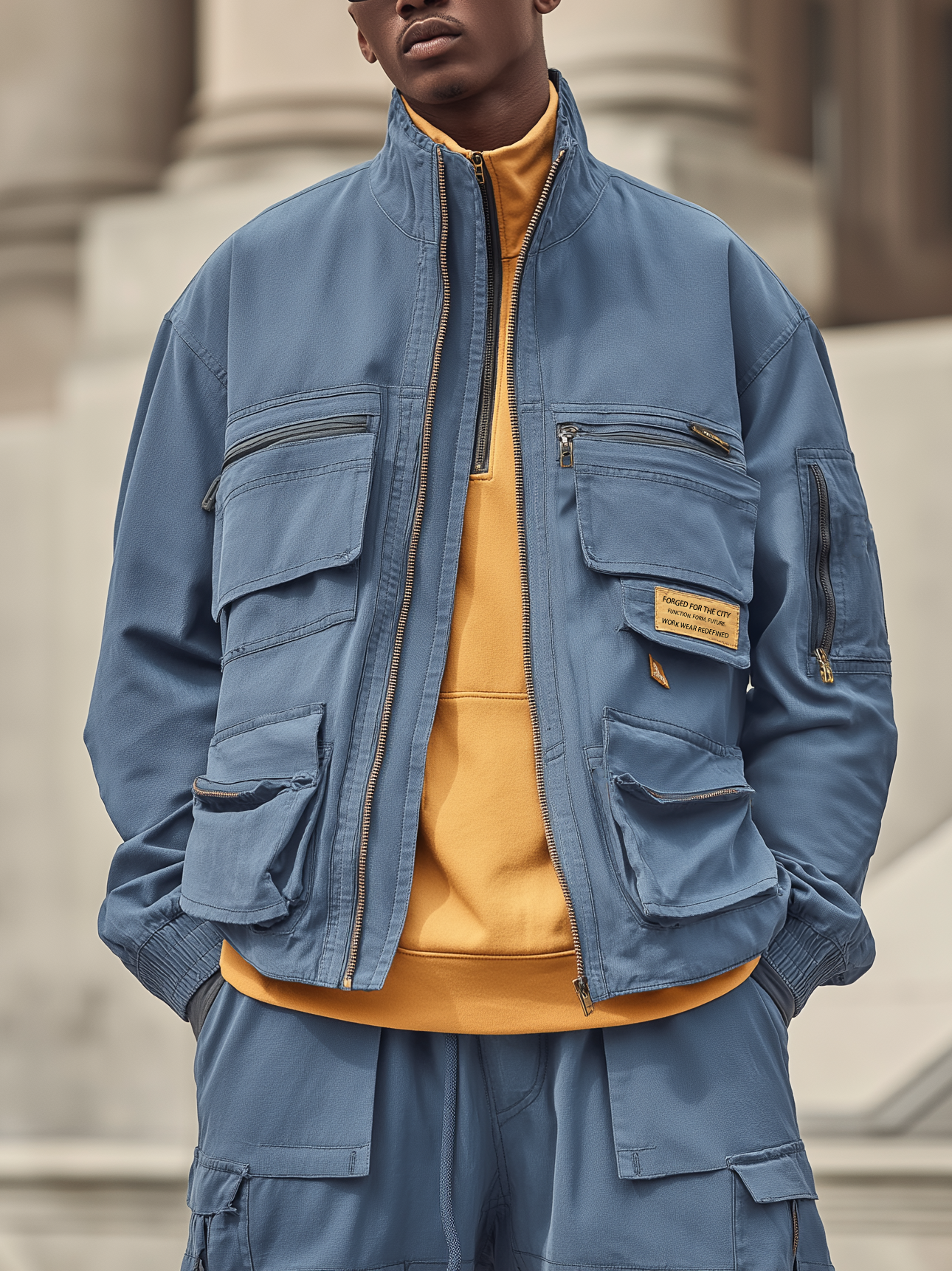 Street Style Washed Cotton 3D Pockets Zip-Up Work Jacket