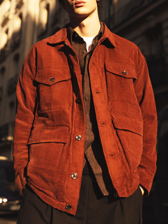 Retro Corduroy Work Shacket Flap Pockets Overshirt