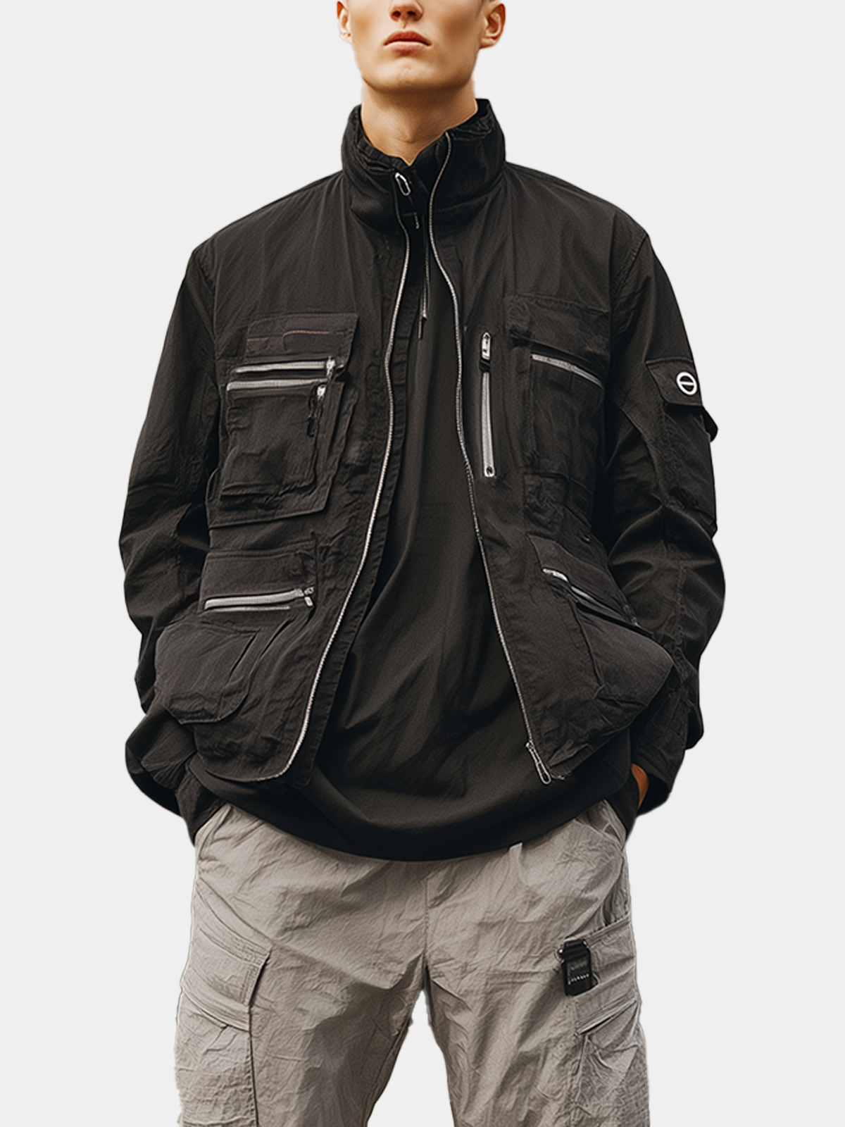 Retro Trend Fashion Texture Ripstop Stand Collar Work Jacket