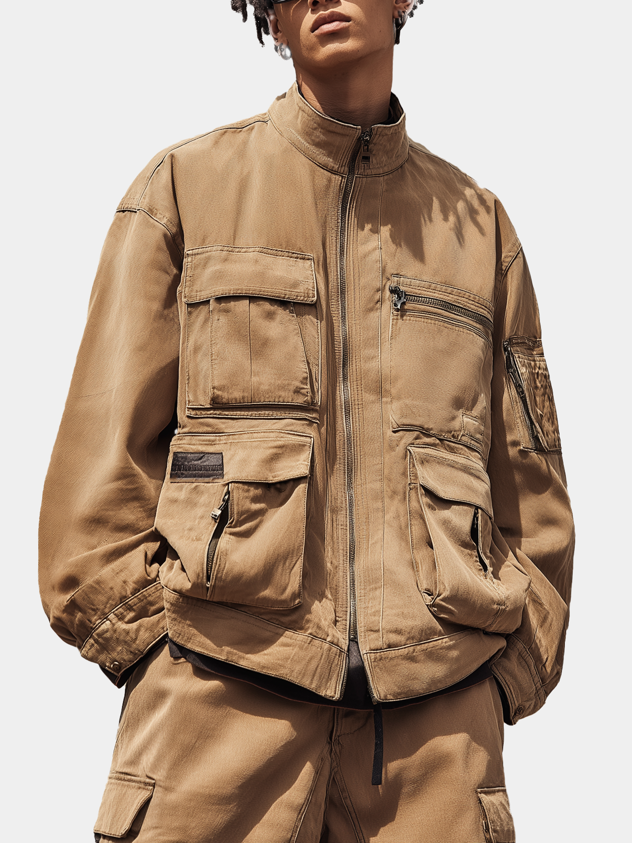 Retro Grunge Streetwear Washed Cargo Work Jacket with Flap Pockets