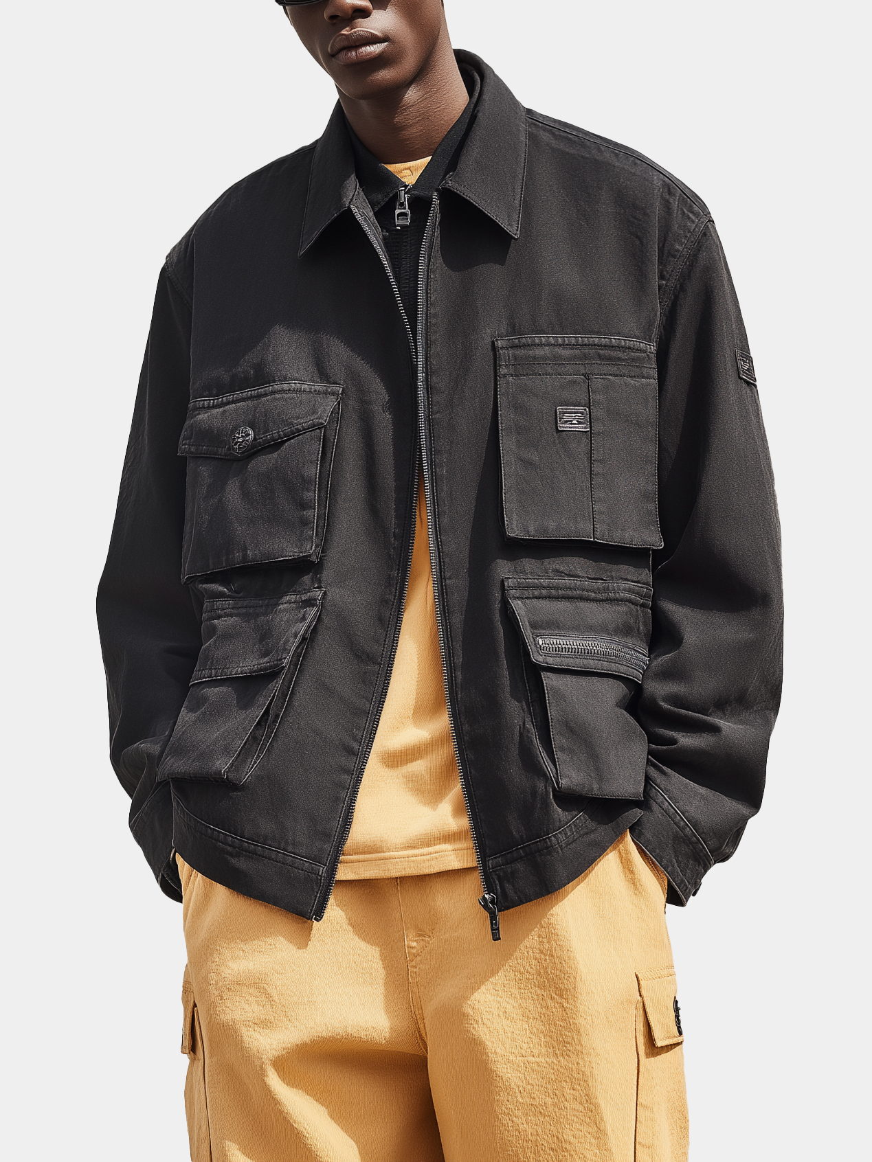Street Style Washed Denim Pockets Zip-Up Work Jacket