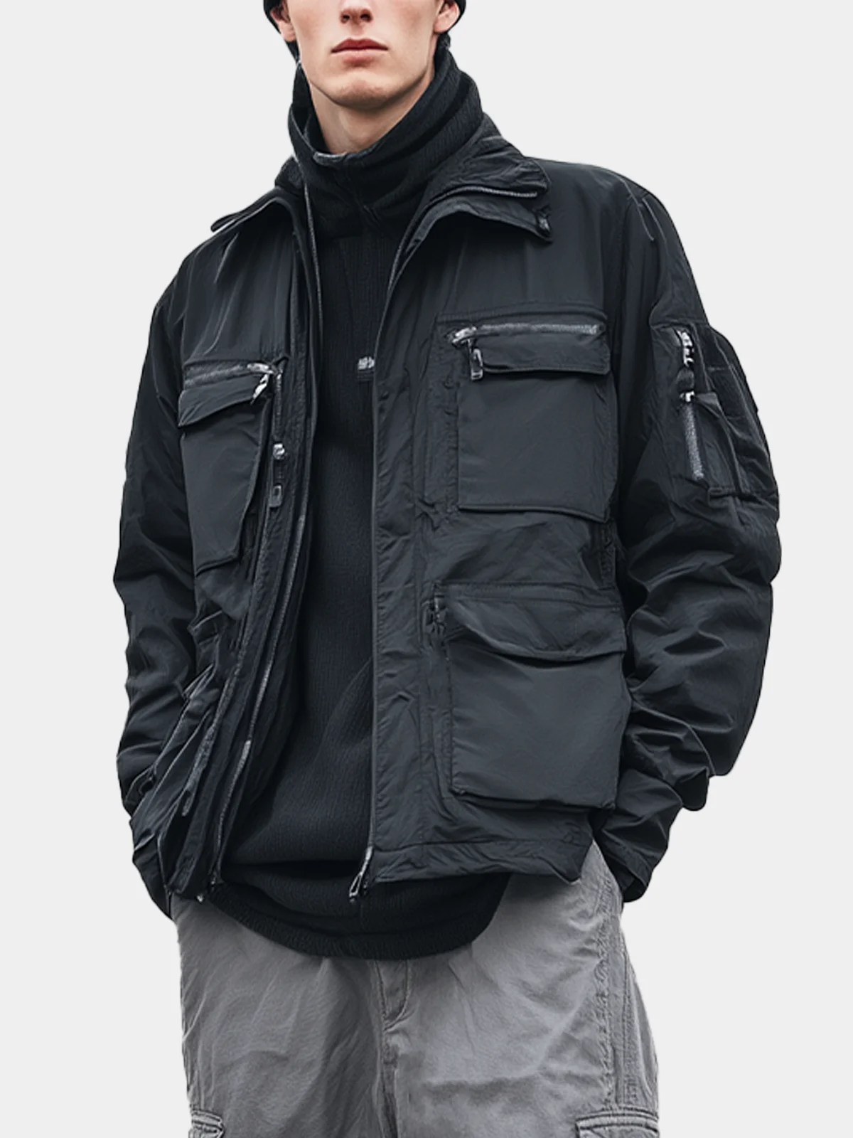 Water Resistant  Street Stand Collar Zipper Multi-Pocket Work Jacket