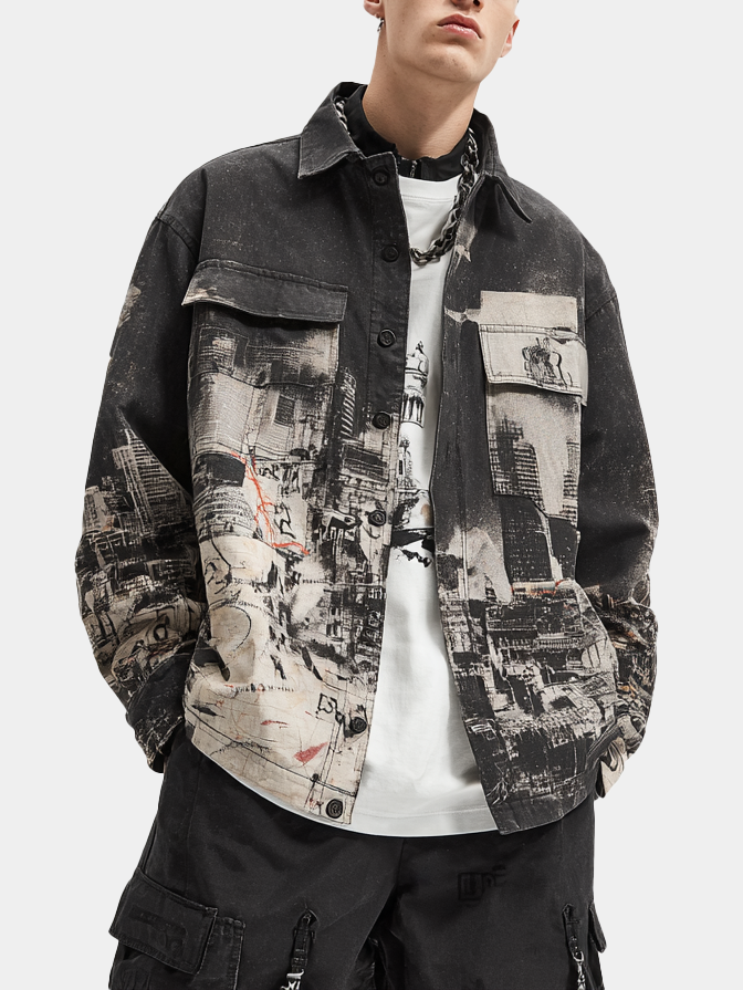 Street Style Washed City ​​Architecture Print Denim Work Jacket