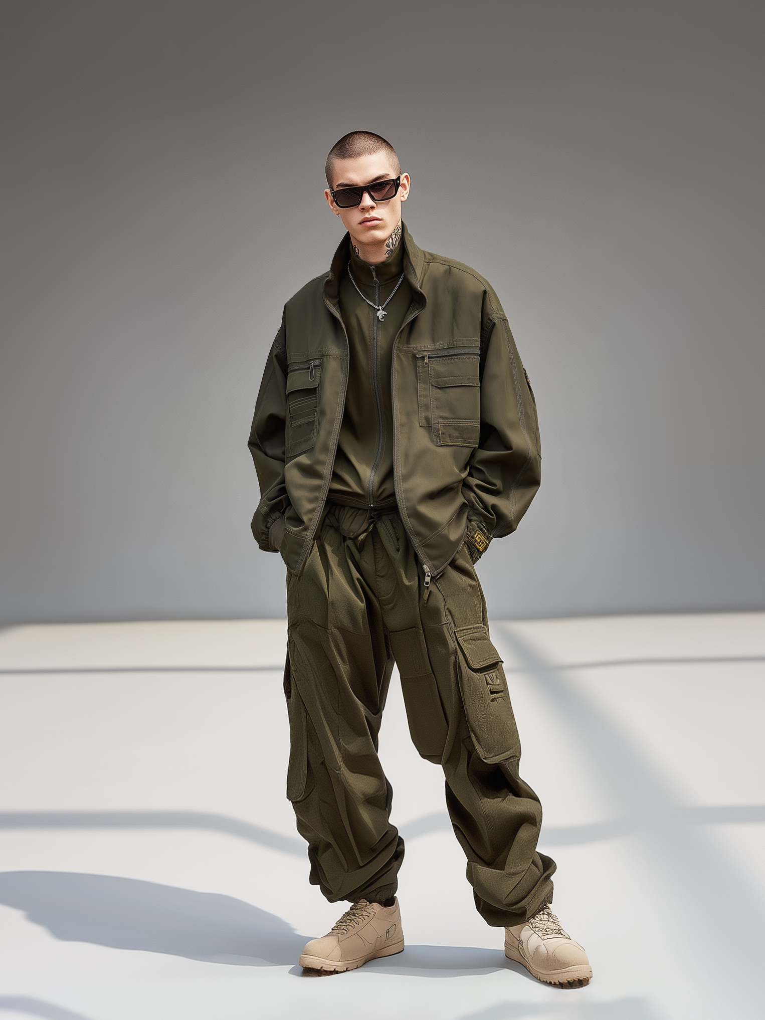 Street Style Flap Pockets Zip-Up Work Jacket