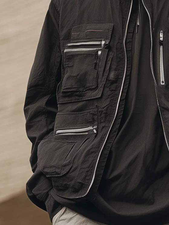 Retro Trend Fashion Texture Ripstop Stand Collar Work Jacket