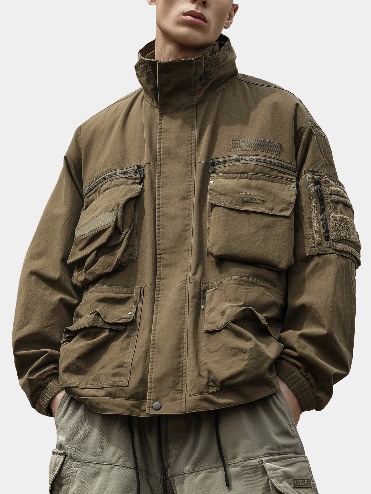 Street Style Washed Cotton 3D Pockets Zip-Up Work Jacket