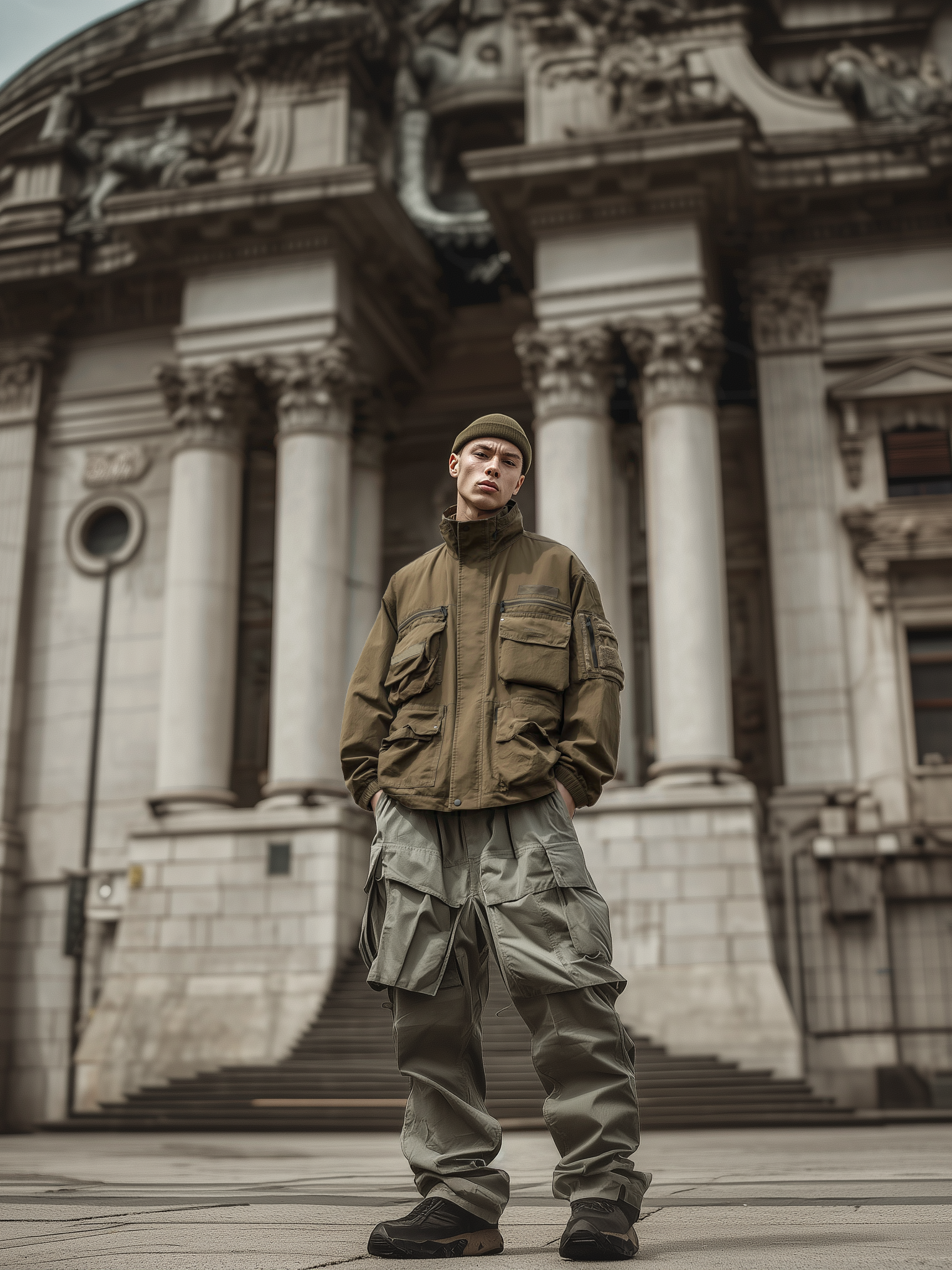 Street Style Washed Cotton 3D Pockets Zip-Up Work Jacket