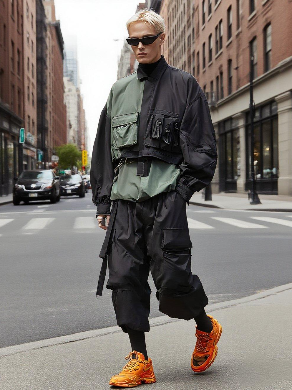 Multi-Pocket Loose Color-Blocked Urban Workwear Casual Stand-Up Collar Jacket