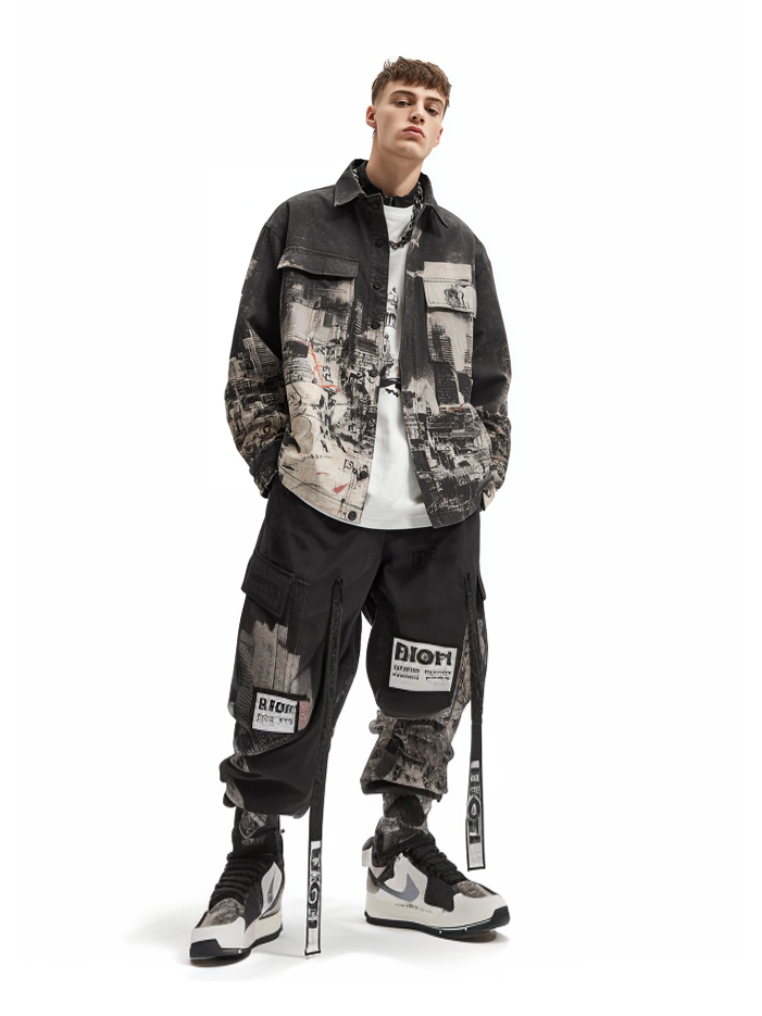 Street Style Washed City ​​Architecture Print Denim Work Jacket