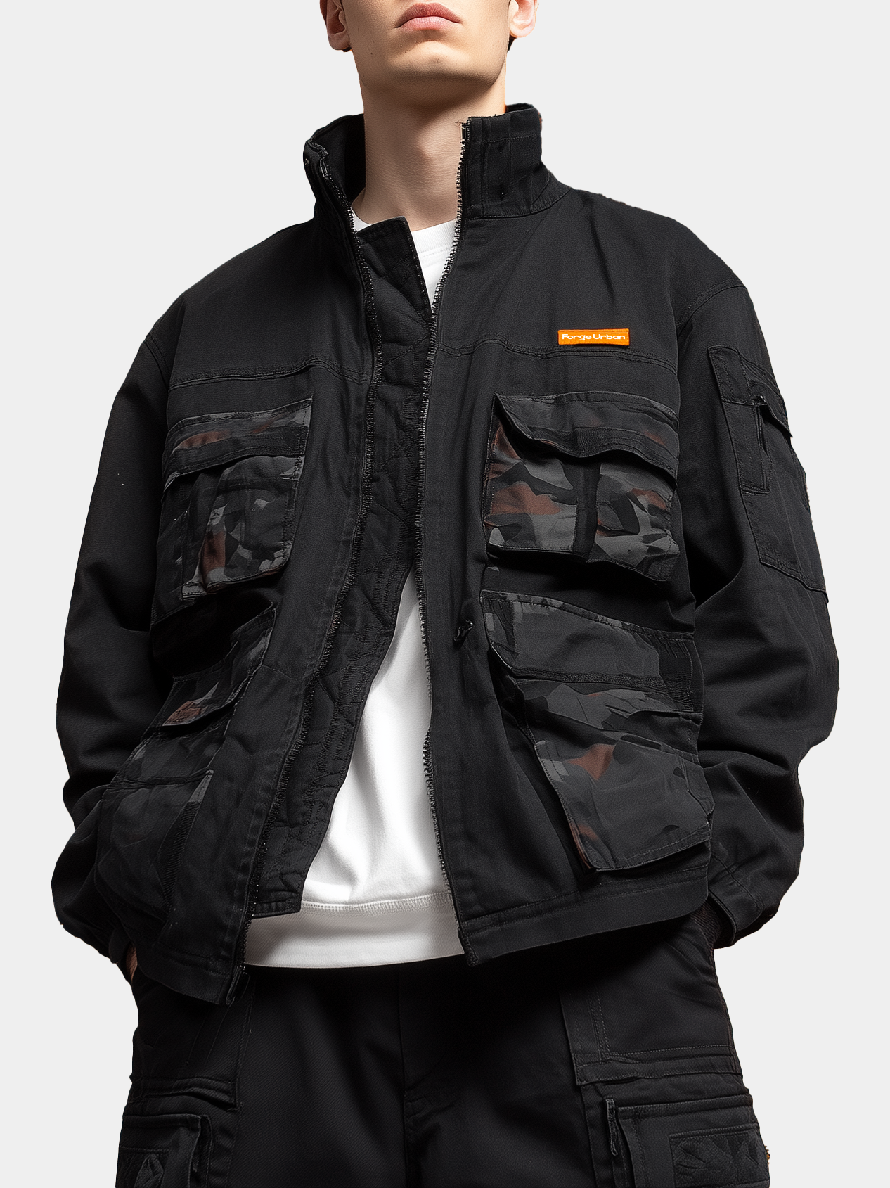 Street Style Camouflage Flap Pockets Zip-Up Work Jacket