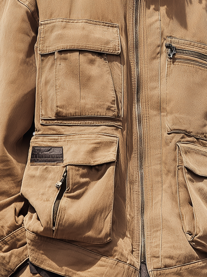 Retro Grunge Streetwear Washed Cargo Work Jacket with Flap Pockets