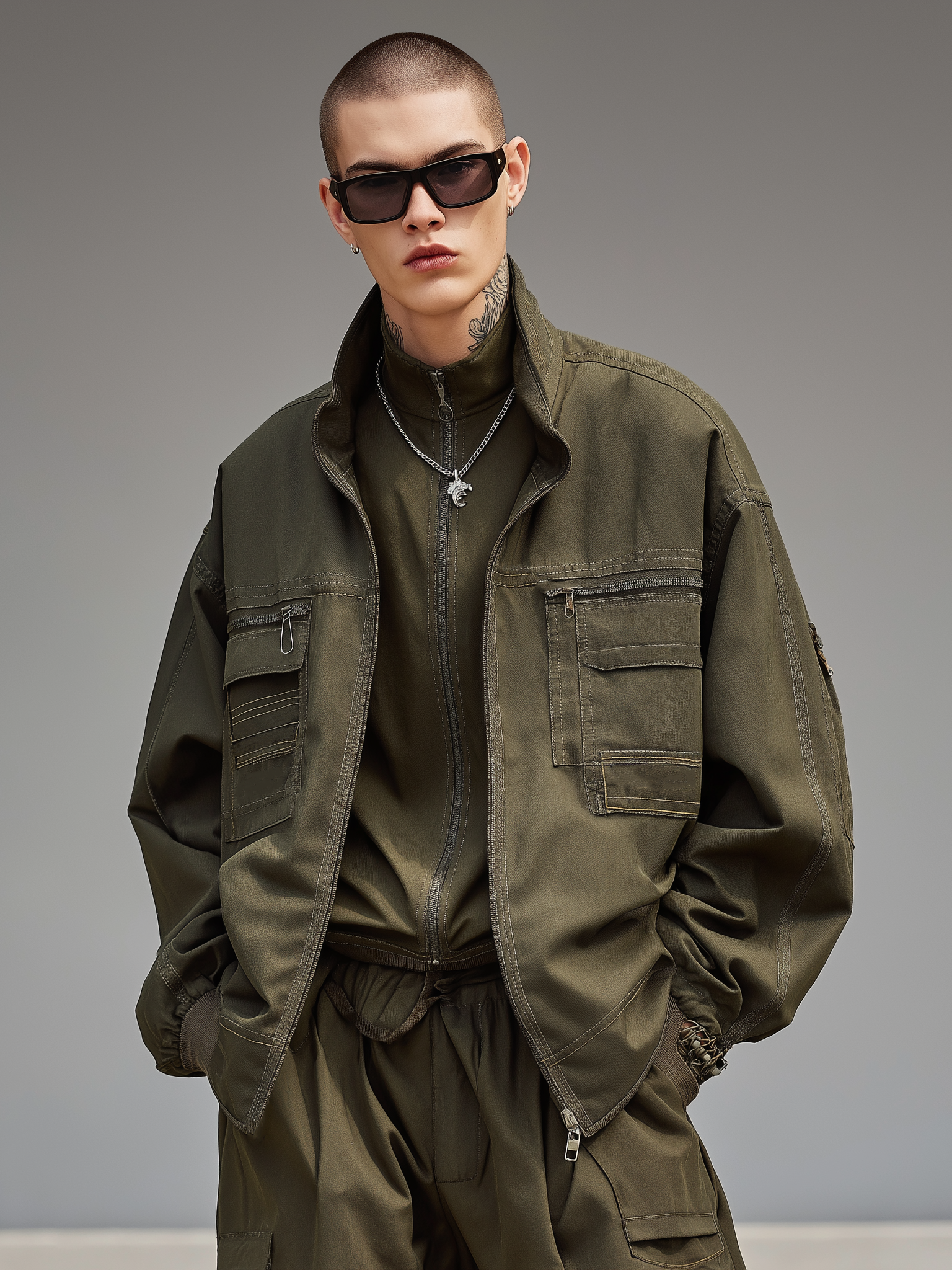 Street Style Flap Pockets Zip-Up Work Jacket