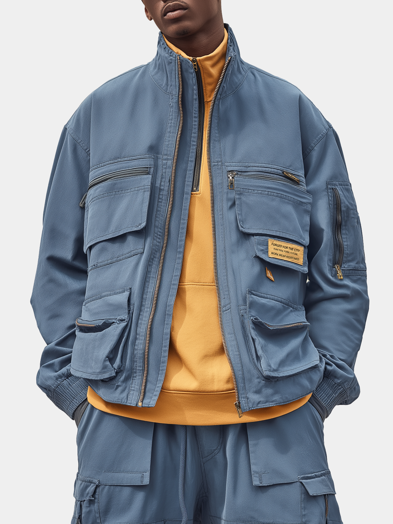 Street Style Washed Cotton 3D Pockets Zip-Up Work Jacket