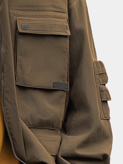 Street Style Washed Cotton Zip-Up Work Jacket