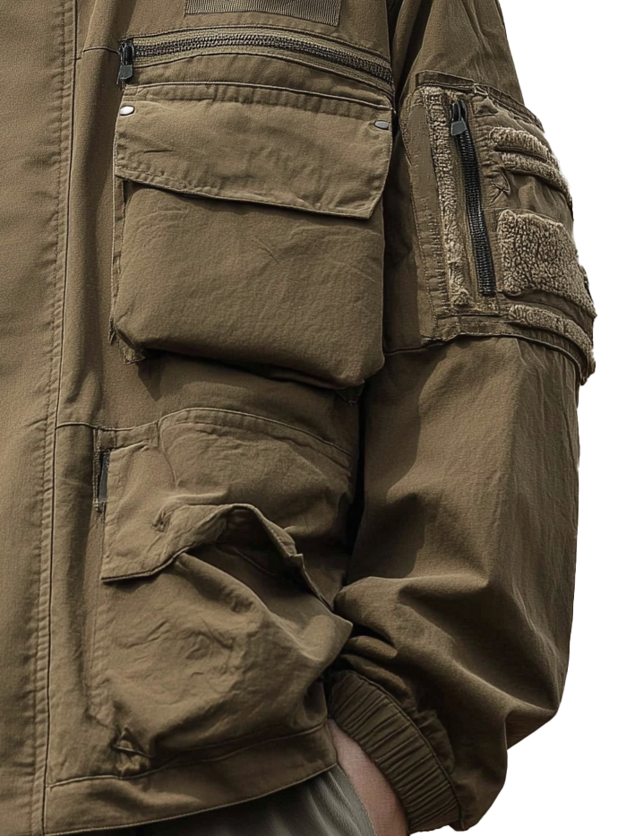 Street Style Washed Cotton 3D Pockets Zip-Up Work Jacket