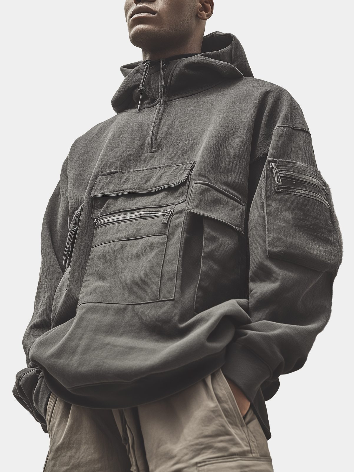 Street Style Work Cargo Pockets Cotton Quarter-Zip Hoodie Sweatshirt