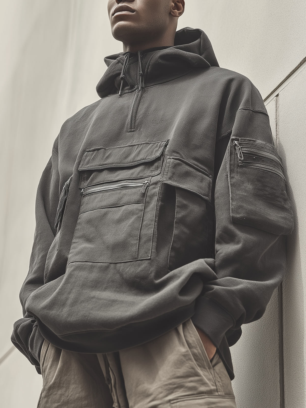 Street Style Work Cargo Pockets Cotton Quarter-Zip Hoodie Sweatshirt