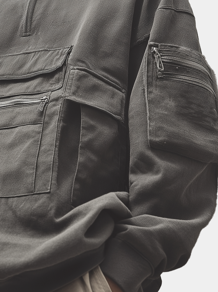 Street Style Work Cargo Pockets Cotton Quarter-Zip Hoodie Sweatshirt