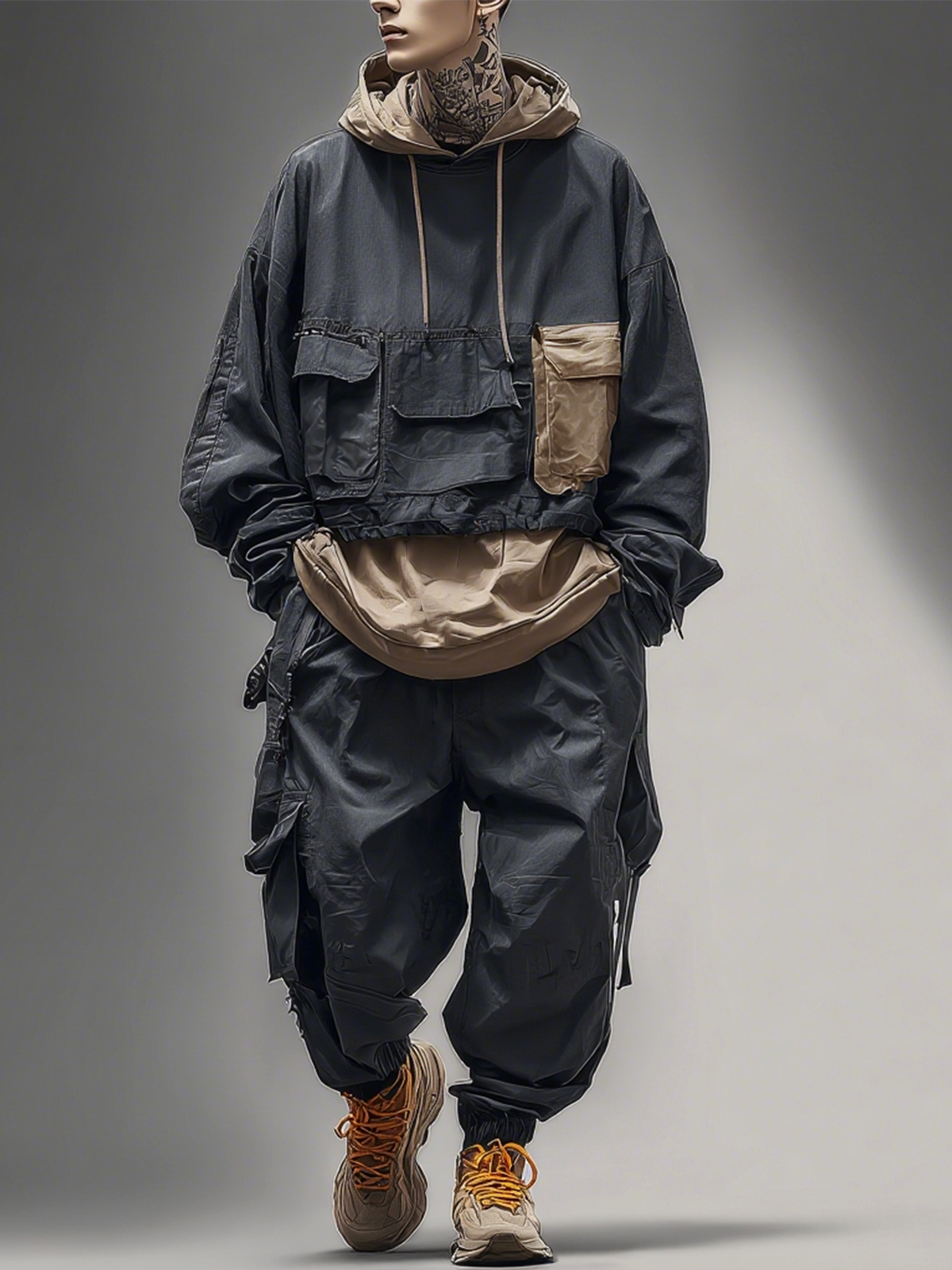 Workwear Urban Street Style Street Art Windproof Flap Pocket Lining Hooded Sweatshirt
