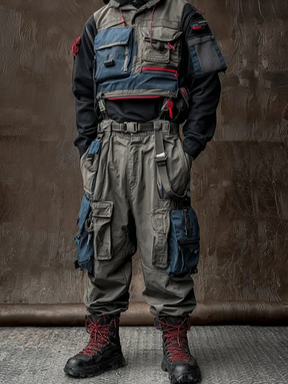 Loose Wearable Work Clothes Street Windbreaker with Flap Pockets Loose Casual Pants