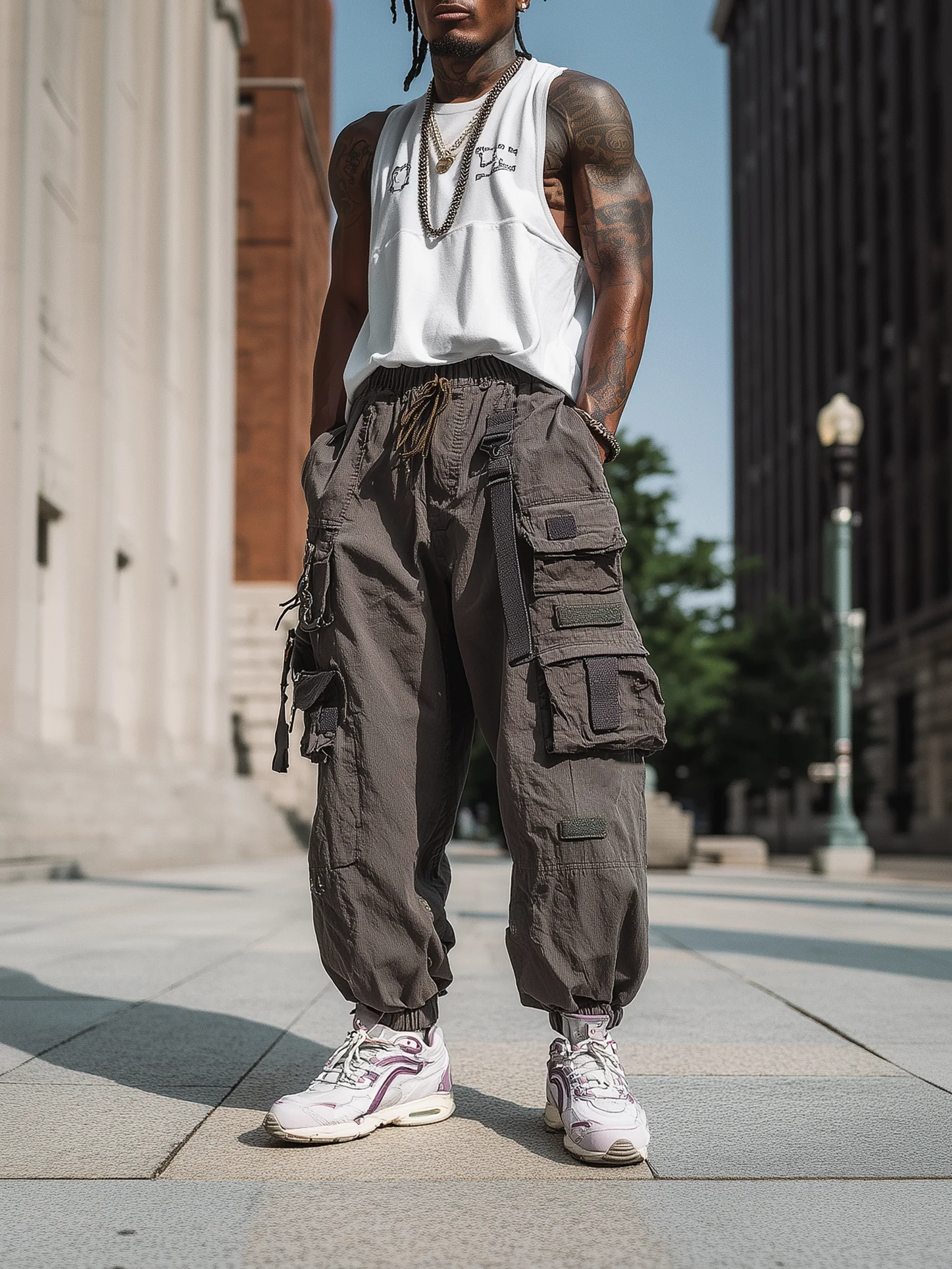 Street Style Washed Cotton Drawing Work Pants