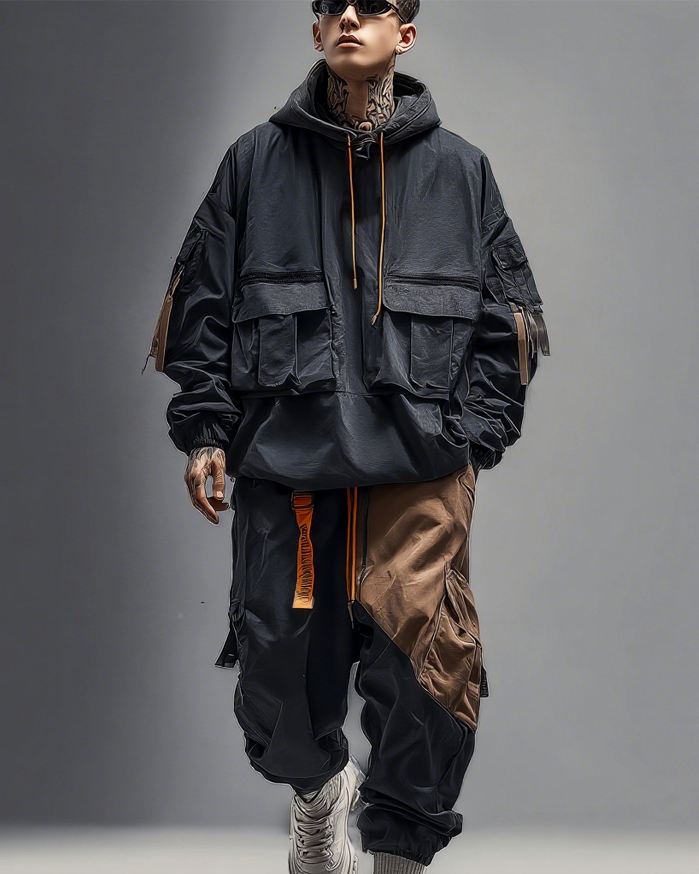 Workwear Urban Street Style Street Art Windproof Flap Pocket Lining Hooded Sweatshirt