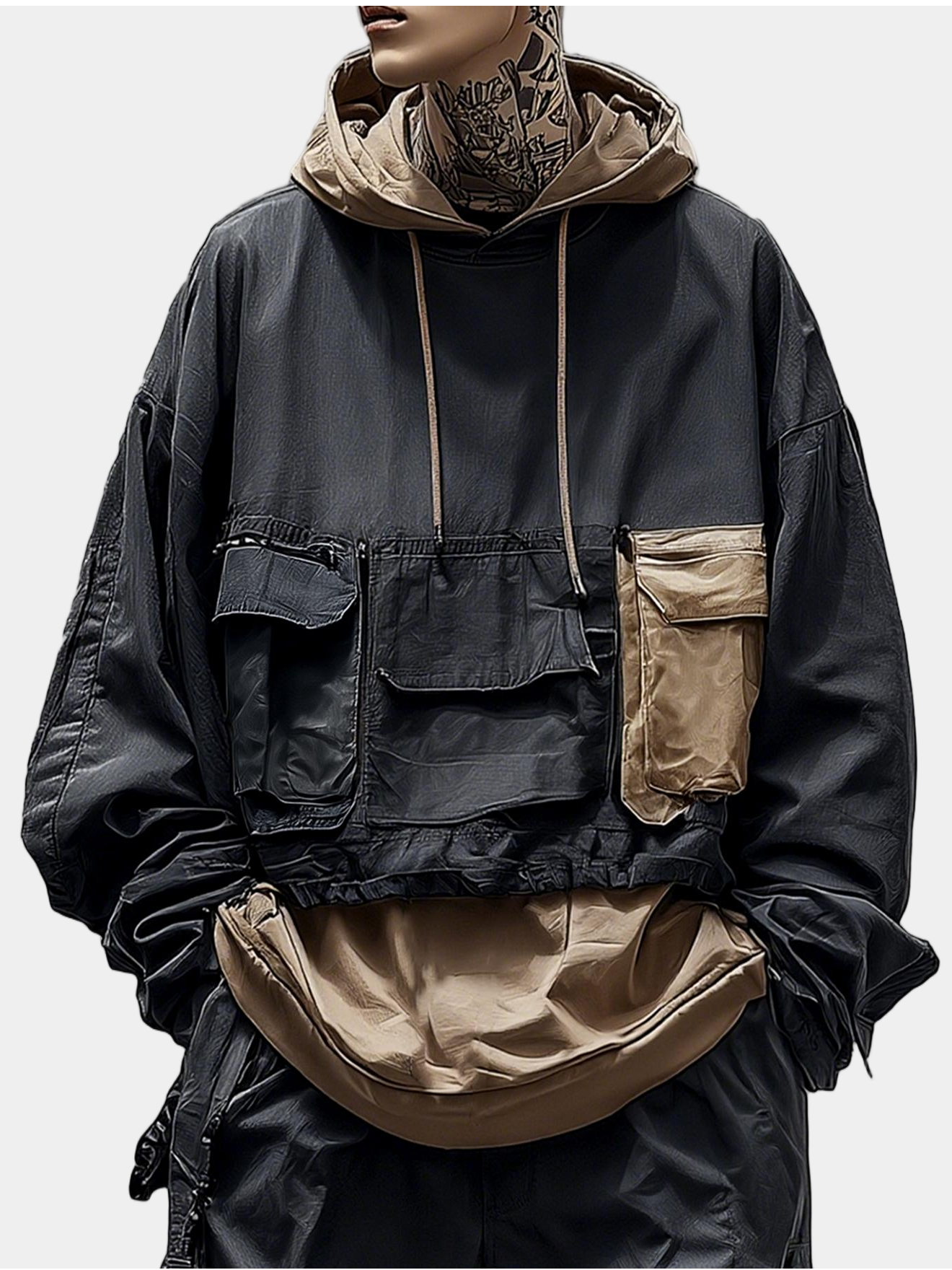 Workwear Urban Street Style Street Art Windproof Flap Pocket Lining Hooded Sweatshirt