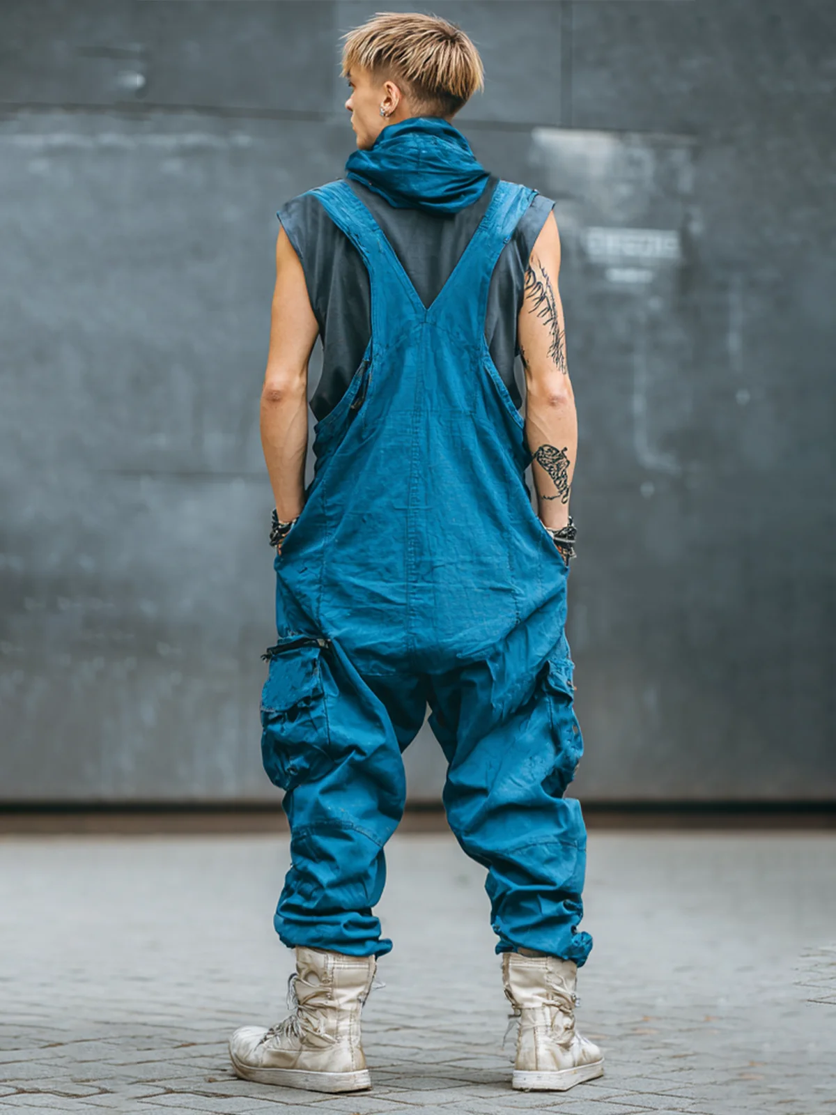 Men's Ripstop Blue Multi-Pocket Trendy Deconstructed Street Overalls