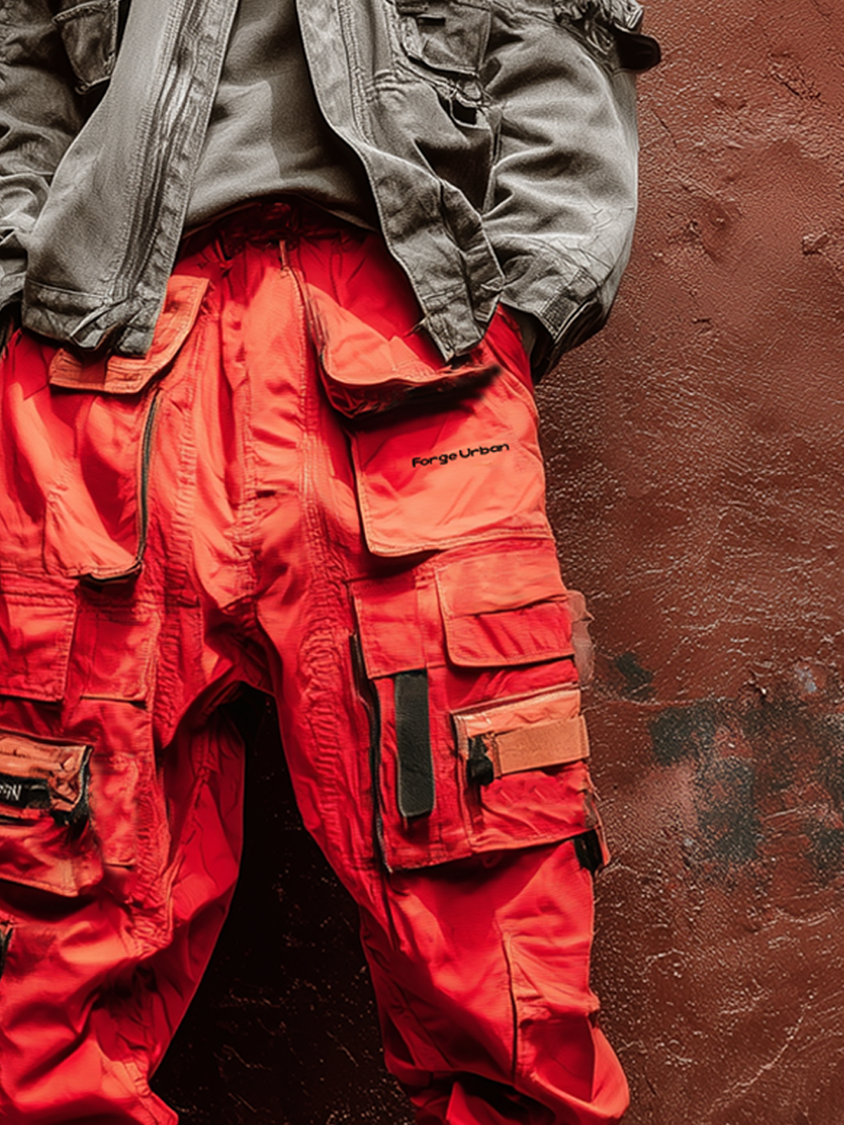 Men's Water Resistant Ripstop Red Multi-Pocket Deconstructed Street Fashion Tactical Pants