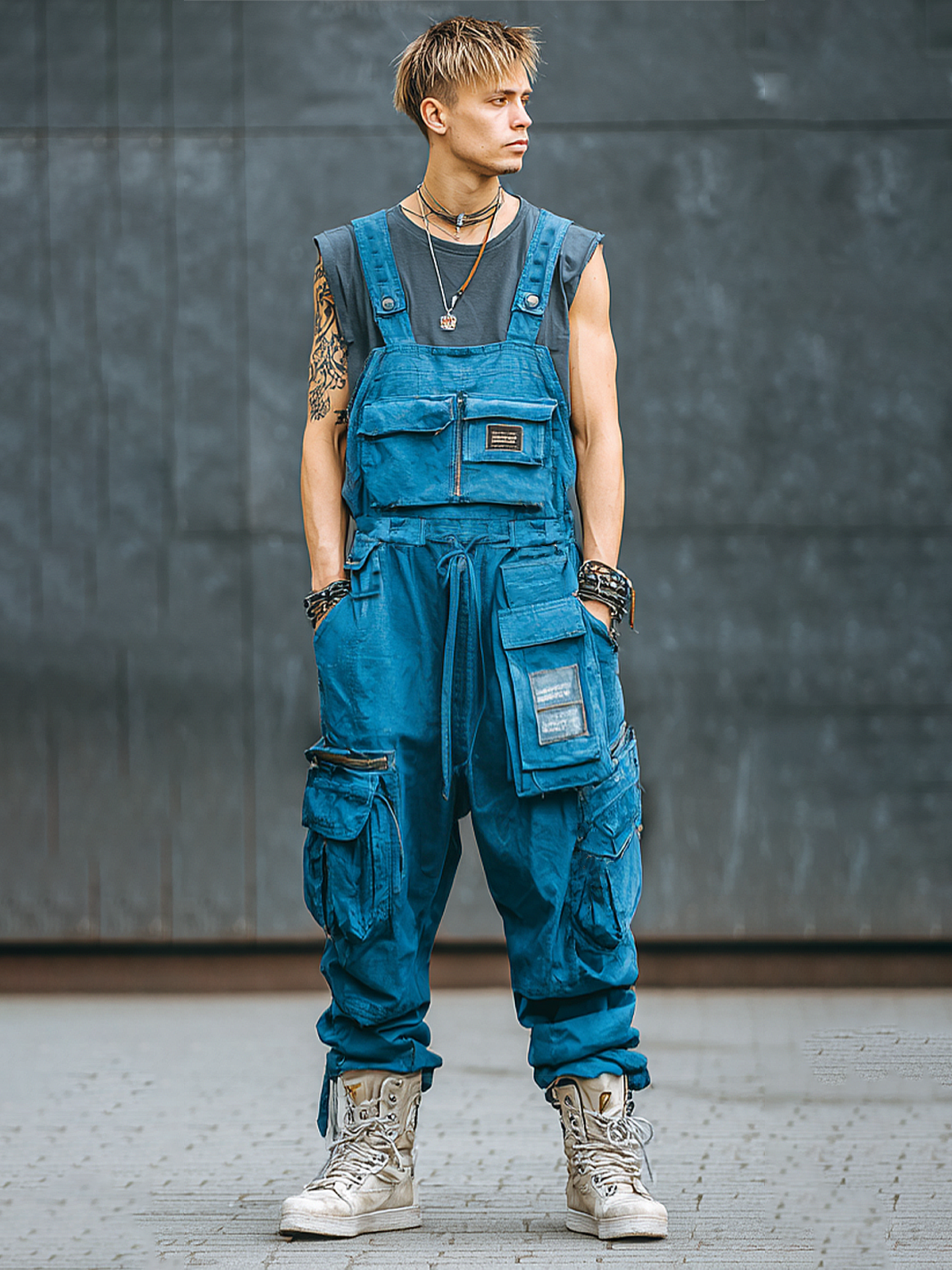 Men's Ripstop Blue Multi-Pocket Trendy Deconstructed Street Overalls