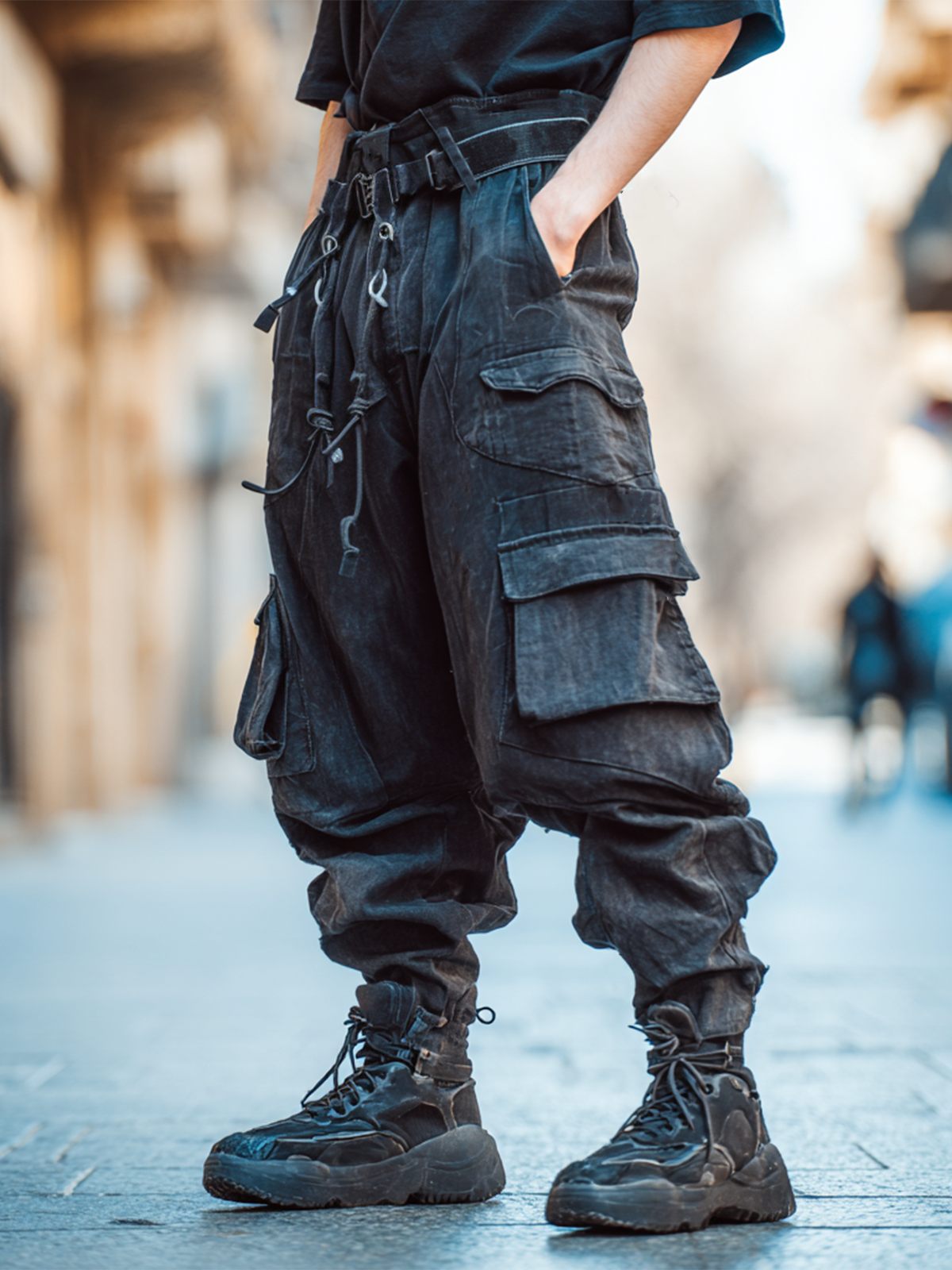 Men's Ripstop Black Multi-Pocket Street Fashion Tactical Pants