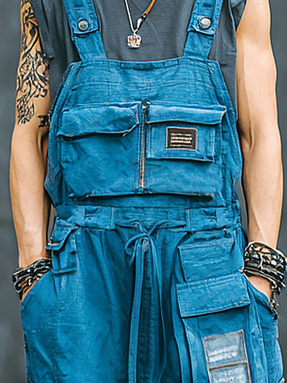 Men's Ripstop Blue Multi-Pocket Trendy Deconstructed Street Overalls