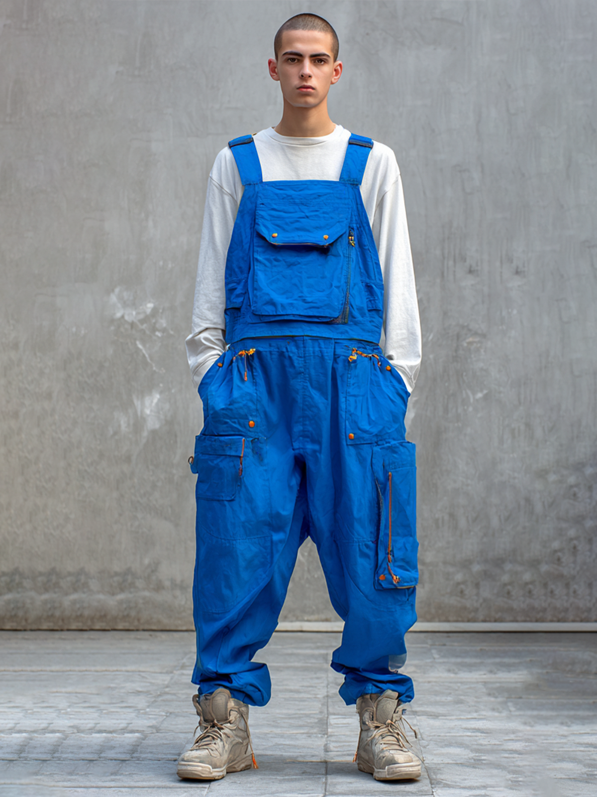 Men's Ripstop Blue Multi-Pocket Trendy Deconstructed Street Straight Overalls
