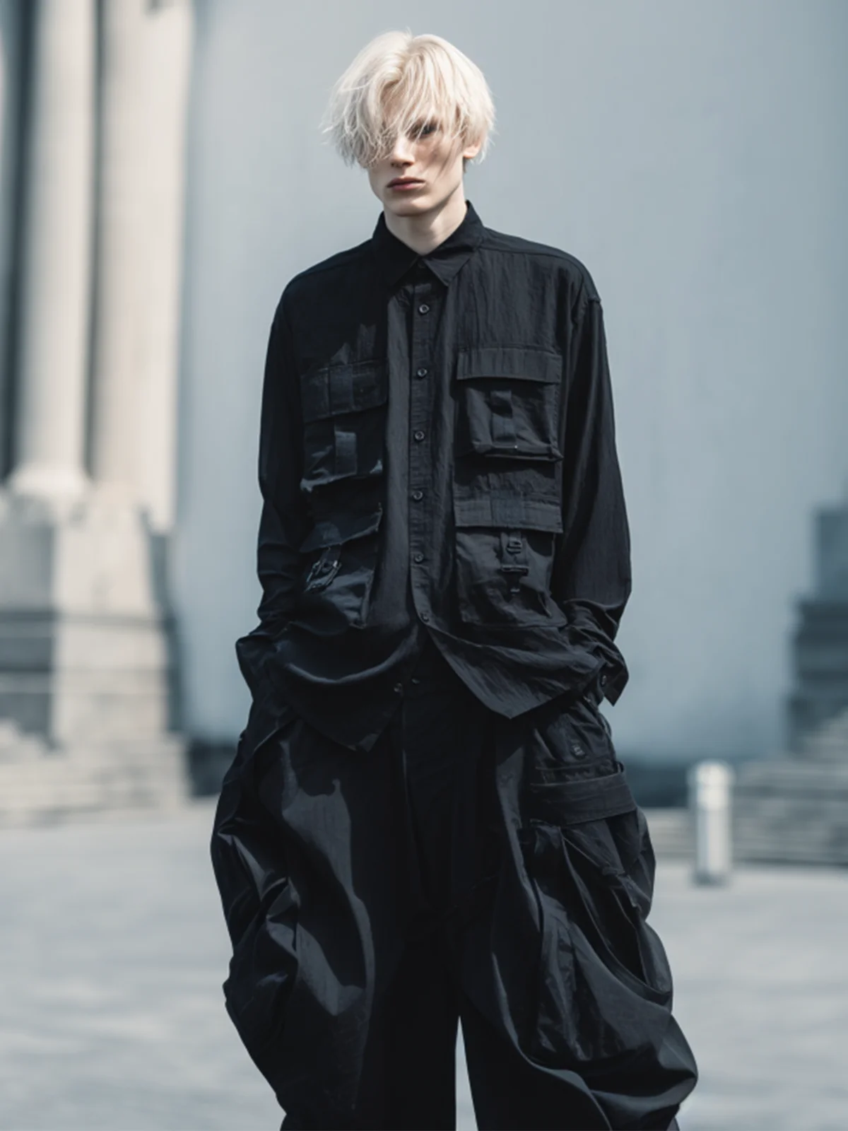 Men's Black Ripstop Multi-Pocket Fashion Work Shirt