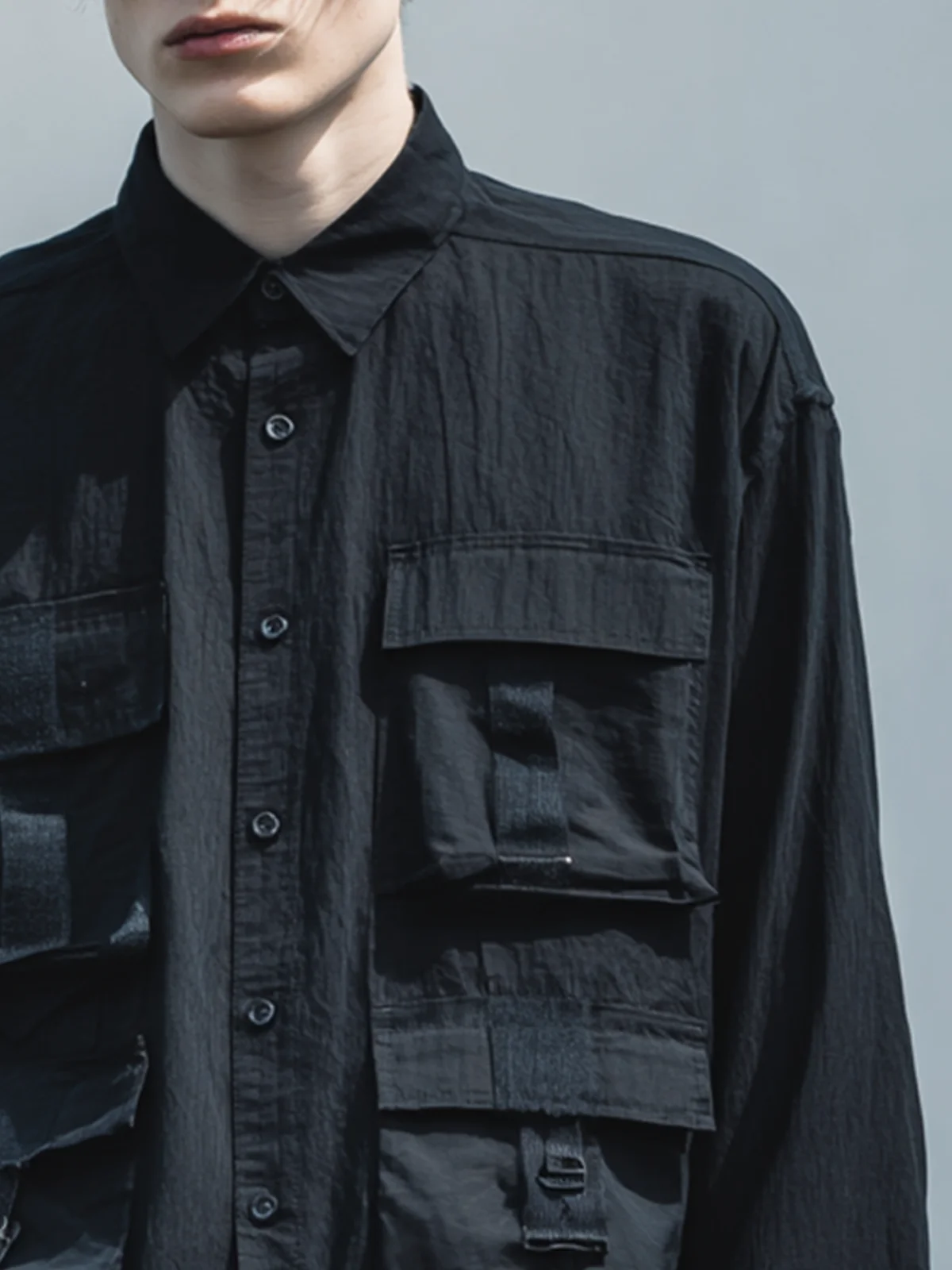 Men's Black Ripstop Multi-Pocket Fashion Work Shirt