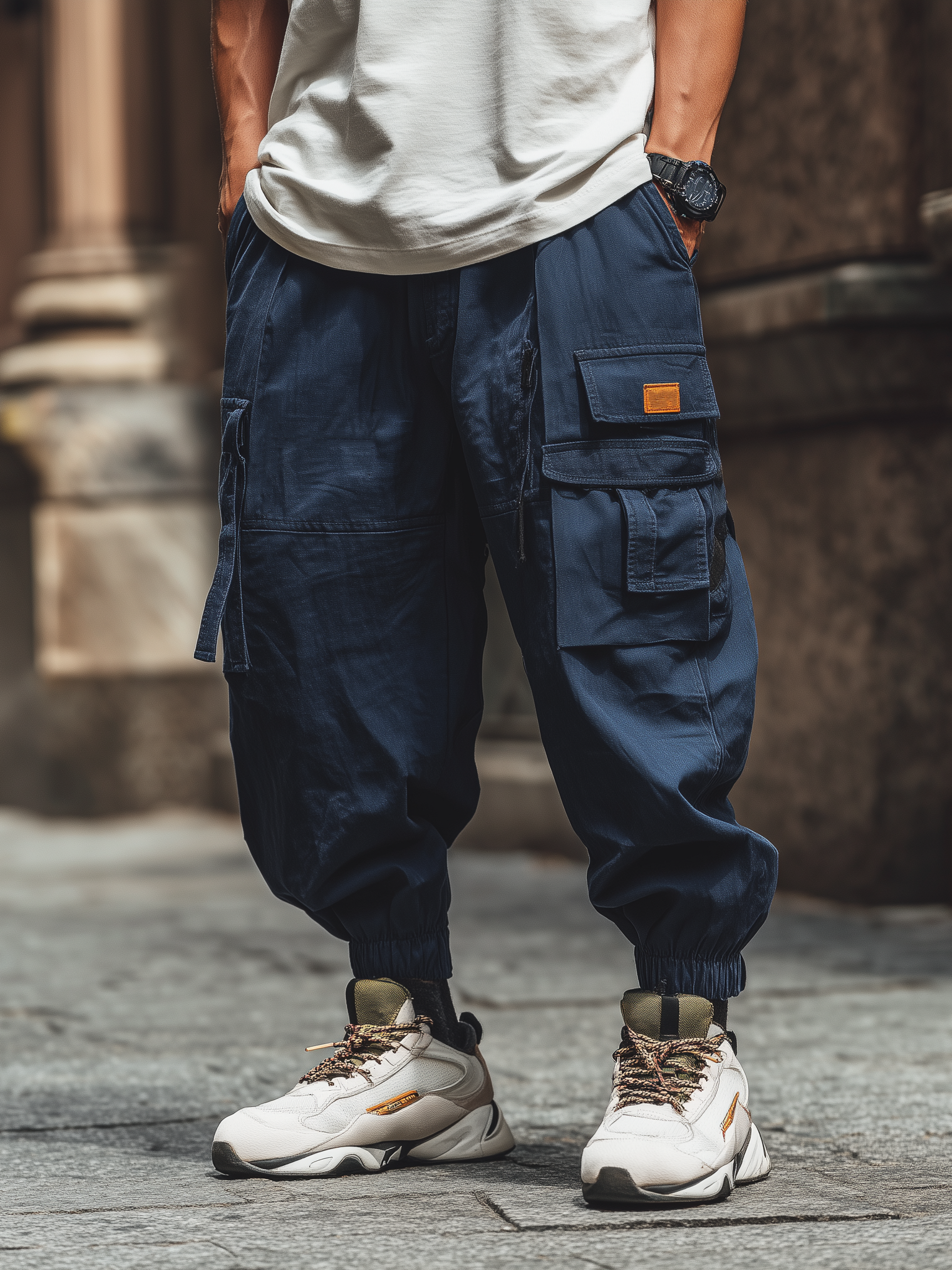 Street Style Washed Ripstop Cotton Flap Pockets Work Pants