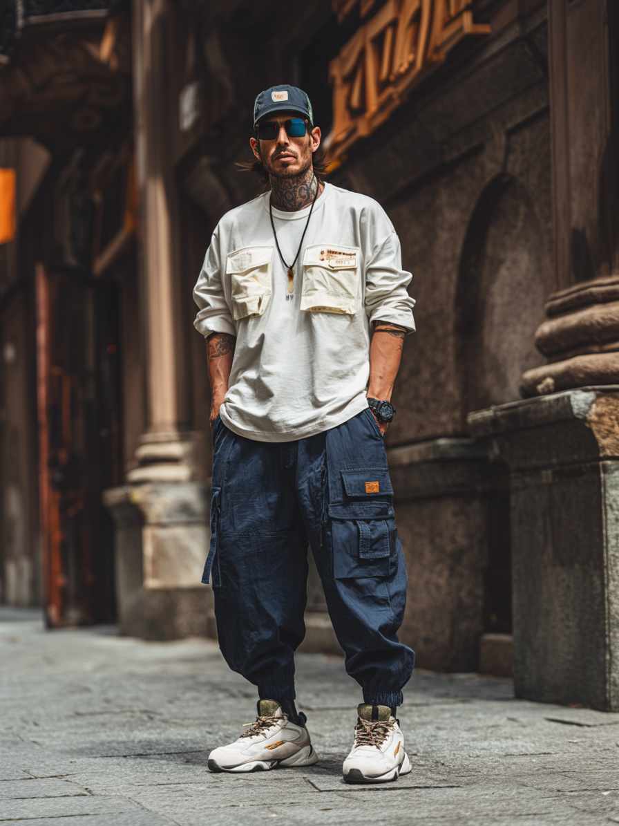 Street Style Washed Ripstop Cotton Flap Pockets Work Pants