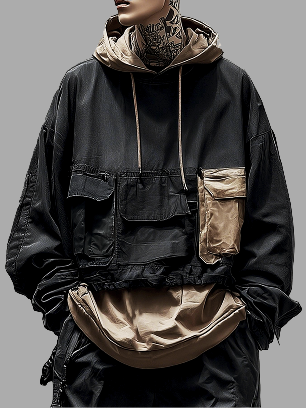 Workwear Urban Street Style Street Art Windproof Flap Pocket Lining Hooded Sweatshirt