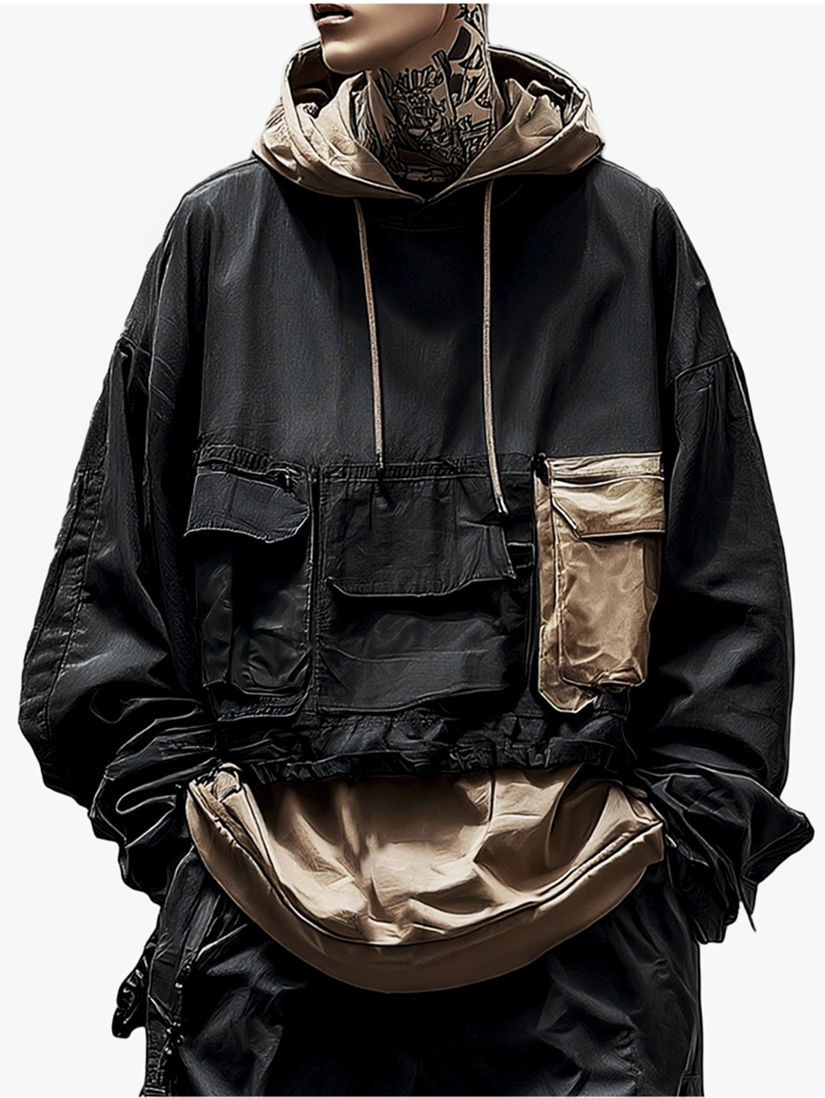 Workwear Urban Street Style Street Art Windproof Flap Pocket Lining Hooded Sweatshirt