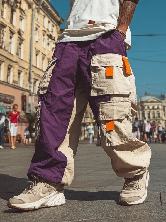 Color-block Casual Cargo Pants Workout Joggers Hiking Drawstring Tactical Pants with Multi Pockets